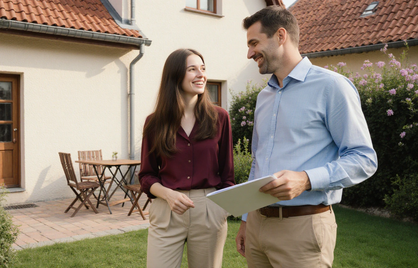 Frau und Mann mit Unterlagen im Garten eines Hauses